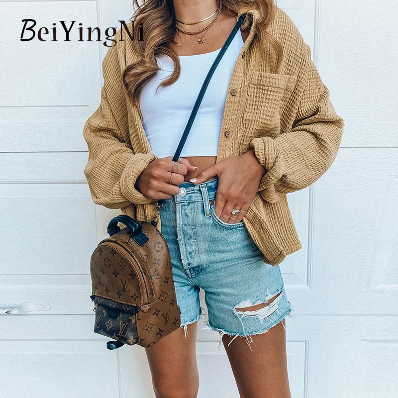 

Beiyingni осенне-зимняя женская рубашка на пуговицах с длинным рукавом и отложным воротником, короткая женская блузка с карманами, винтажное свободное повседневное пальто