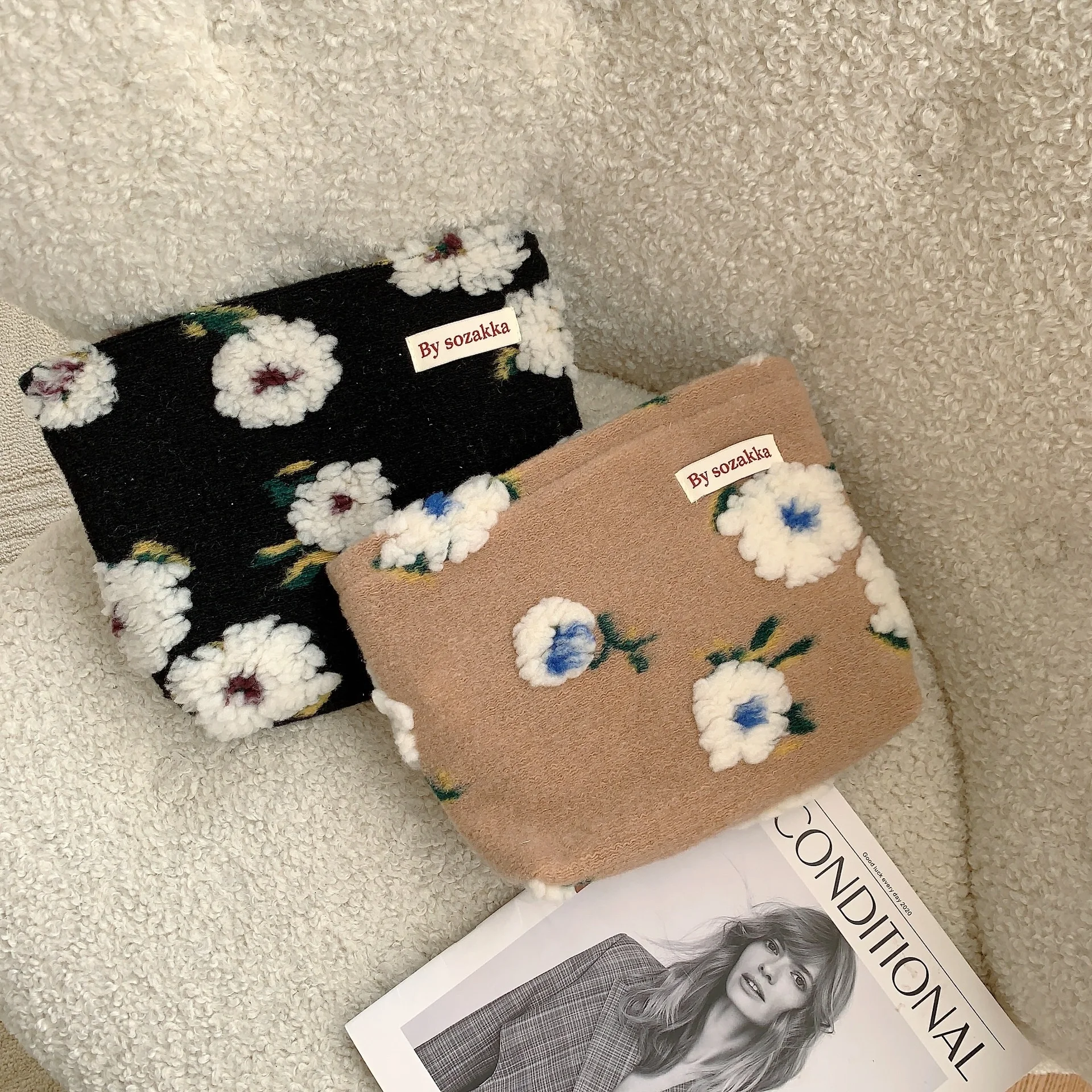 

Сумка женская шерстяная для хранения косметики, вместительный Органайзер с цветами, модный саквояж, аксессуары для хранения