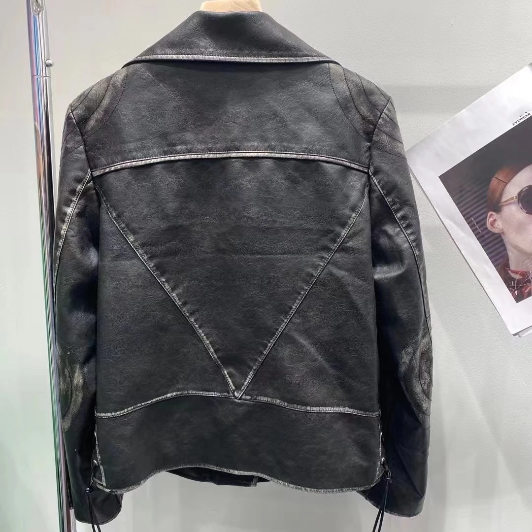 23AW NEW Fashion Women's Vintage Loose Faux Leather Outdoor Motorcycle Black Zipper Laper Jacket PU Imitation Leather Loose Coat