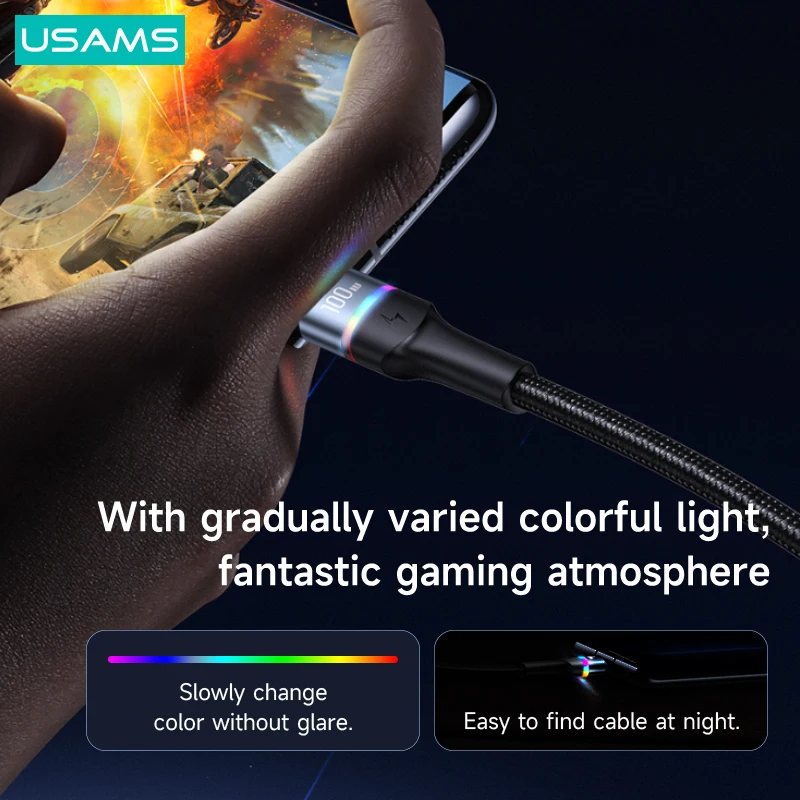 Кабель для быстрой зарядки и передачи данных USAMS PD 100 Вт 6 А цветной светодиодный