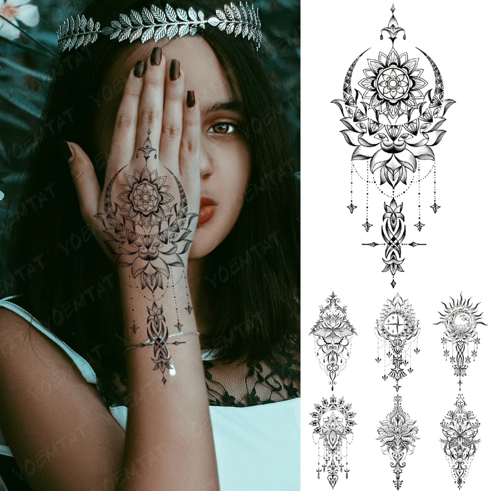 

Bridal Henna Transfer Waterproof Temporary Tattoo Sticker Moon Lotus Mandala Henna Totem Tatto Women Men Body Art Fake Tattoos