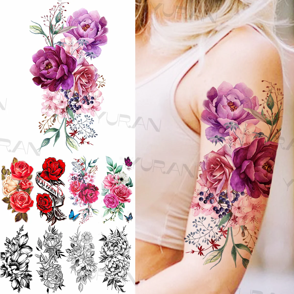 

Большая Акварельная роза, цветок, временные татуировки для женщин, Реалистичная бабочка, Цветочная буква, искусственная кожа, тату на талию