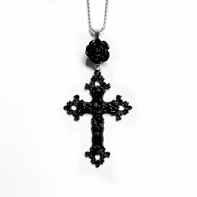 

European and American Gothic Necklace Black Rose Cross Pendant Women Men Sweater Chain Personality Simple Hip-hop Jewelry