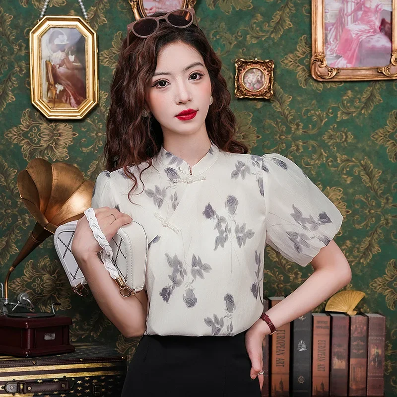 Женская рубашка с водяным знаком в китайском стиле и воротником-стойкой коротким