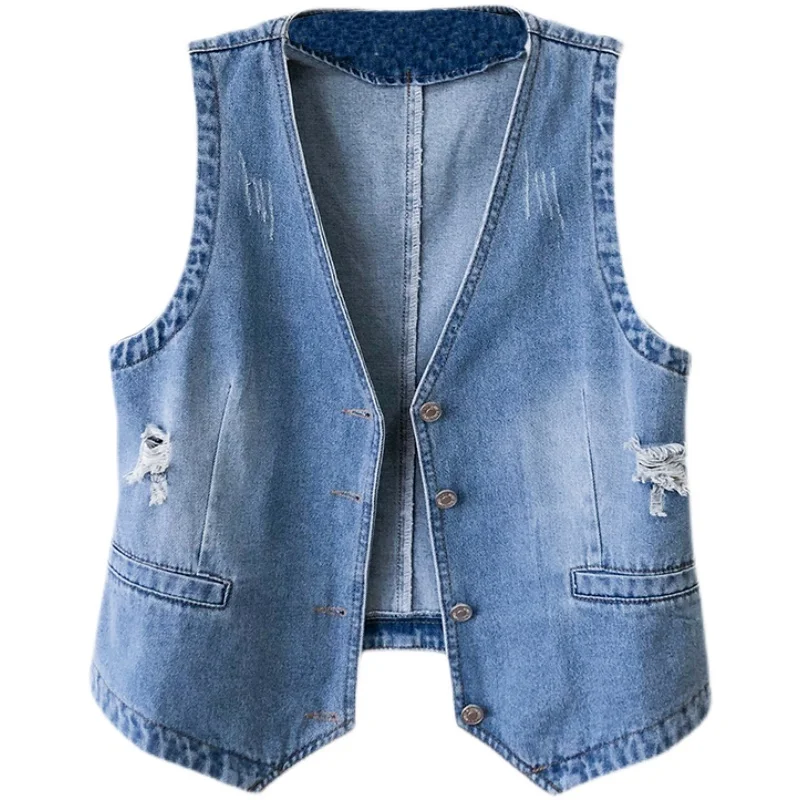 

Spring Autumn New Hole Denim Vest Ladies Fashion V Neck Sleeveless Jacket Vintage Thin Short Jeans Waistcoat Female Tide H2356