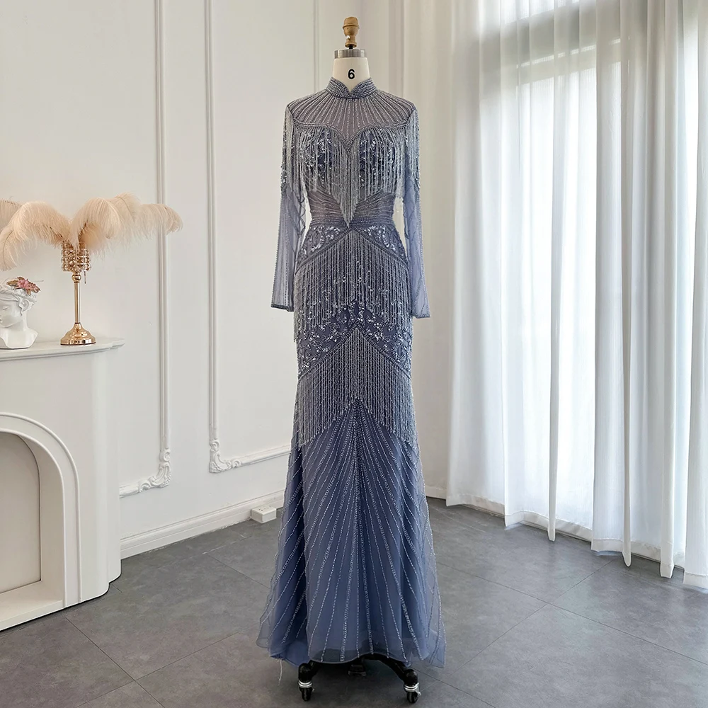 Jancember New Beading Muslim Style Evening Dress Sparkling Tassel Floor Length Prom Gown For Women Wedding Party SCZ062