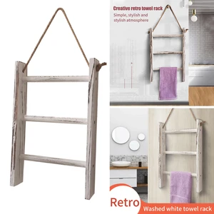 3 Tiers Kitchen Wall Hanging With Rope Space Saving Bathroom Wooden Towel Rack Retro Living Room Home Decor Mini Storage Ladder
