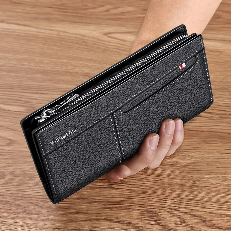 

WILLIAMPOLO Zipper Men's Wallet Genuine Leather Long Business Clutch Wallet Credit Card Holder Phone Wallet Men Cartera Hombre