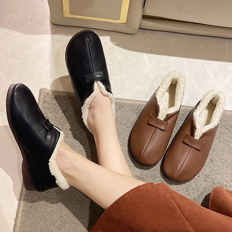 

Casual Woman Shoe Slip-on Round Toe Shallow Mouth Autumn Slip On New Grandma Winter Fall Retro Moccasin Slip-On Solid Leisure Pl