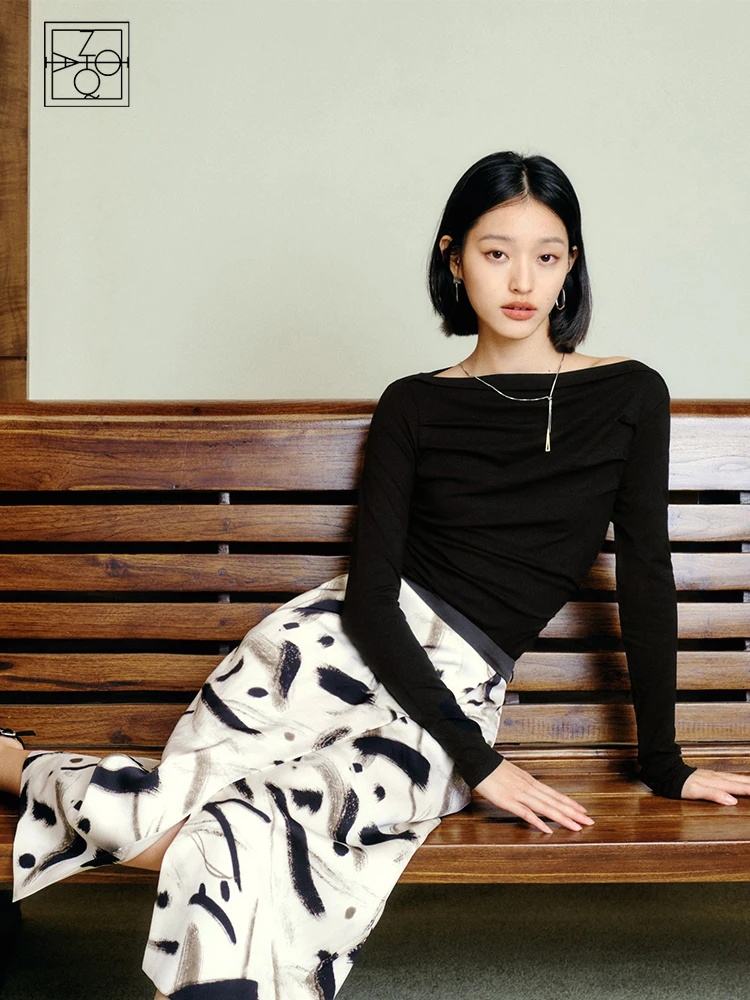 Okrągła spódnica damska ZIQIAO w chińskim stylu malowana tuszem jesień 2023 nowym z wysokim stanem średniej długości