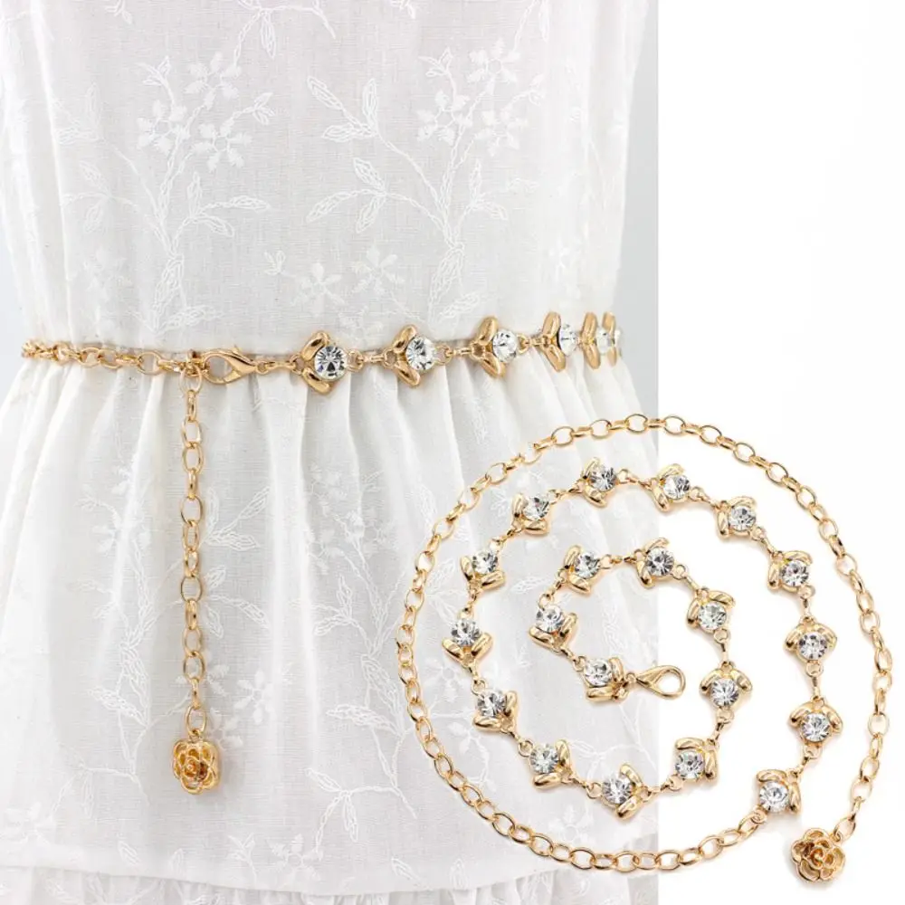 

Women Casual Dress Elegant Metal Chain Belt Thin Skinny Waistband Crystal Waist Band Rhinestones Slim Cummerbands