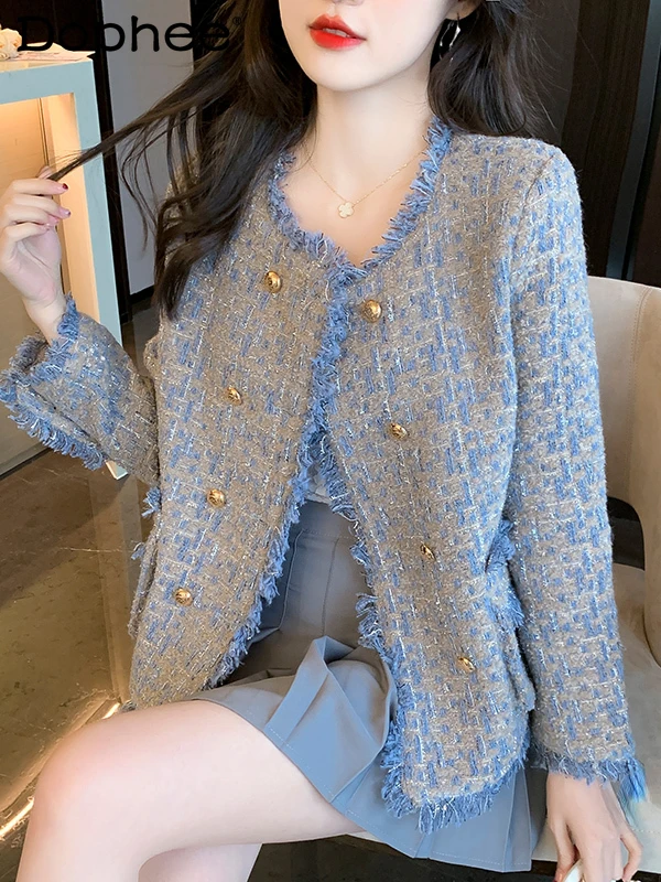 

Autumn Chic Coat Womens New Retro Tweed Long Sleeve Elegant Top Ladies Short Jackets Blue