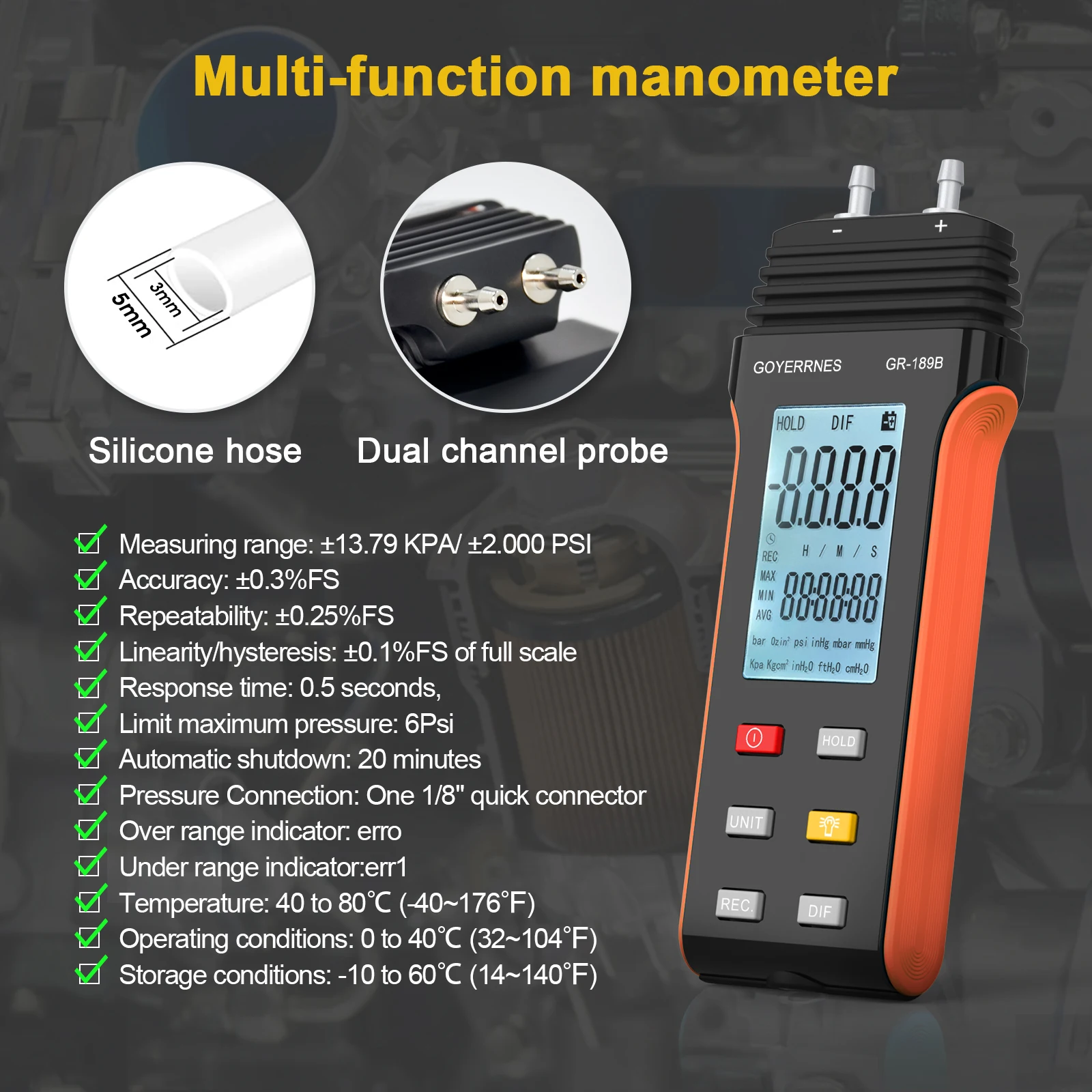 Цифровой дифференциальный манометр Holdpeeak ±30psi, 11 единиц измерения, для систем ОВКВ, тестер давления газа и воздуховодов (art.: 3920daa1df253) - 3920daa1df253