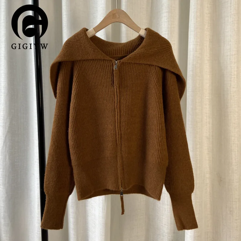 

Женский трикотажный топ на молнии GIGYW, темно-синий дизайнерский однотонный топ с длинным рукавом в Корейском стиле, осень 2022