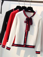 xisteps women thick knitted cardigan sweater elegant bow tie pearl button o neck female autumn winter coat ladies stripe jacket