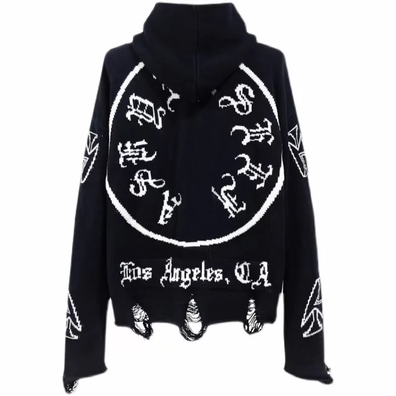 

Askyurself Knitted Hoodie Sanskrit Alphabet Printing Hole High Street Men's And Women's Fashion Black Sweater Hoodie