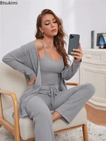 2022 womens knitted pajamas 3 pcs waffle knit sling top cardigan robe trousers three piece sleepwear set female homewear autumn
