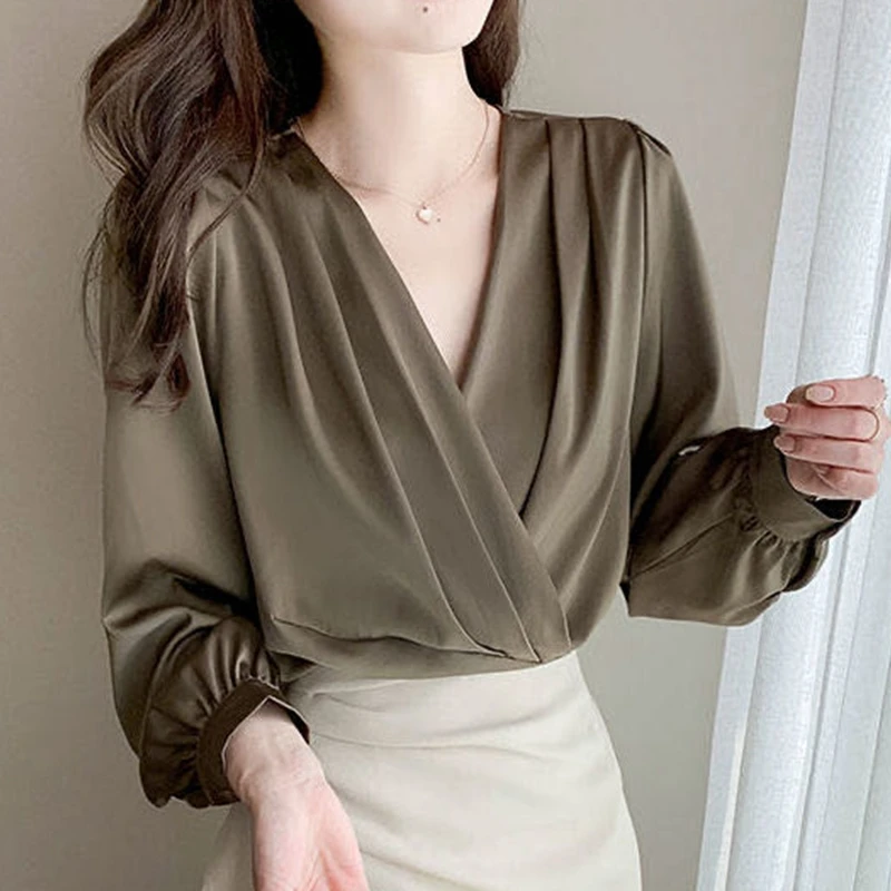 

Блузка женская с V-образным вырезом, шелковая плиссированная атласная рубашка, Модный Топ с длинным рукавом, французский стиль, весна-осень ...