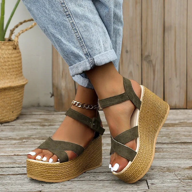 

New Women's Sandals Fashion Buckle Platform Wedge Casual Shoes Hemp Rope Weave Comfortable Roman Sandals Sandalias Tacon Grueso