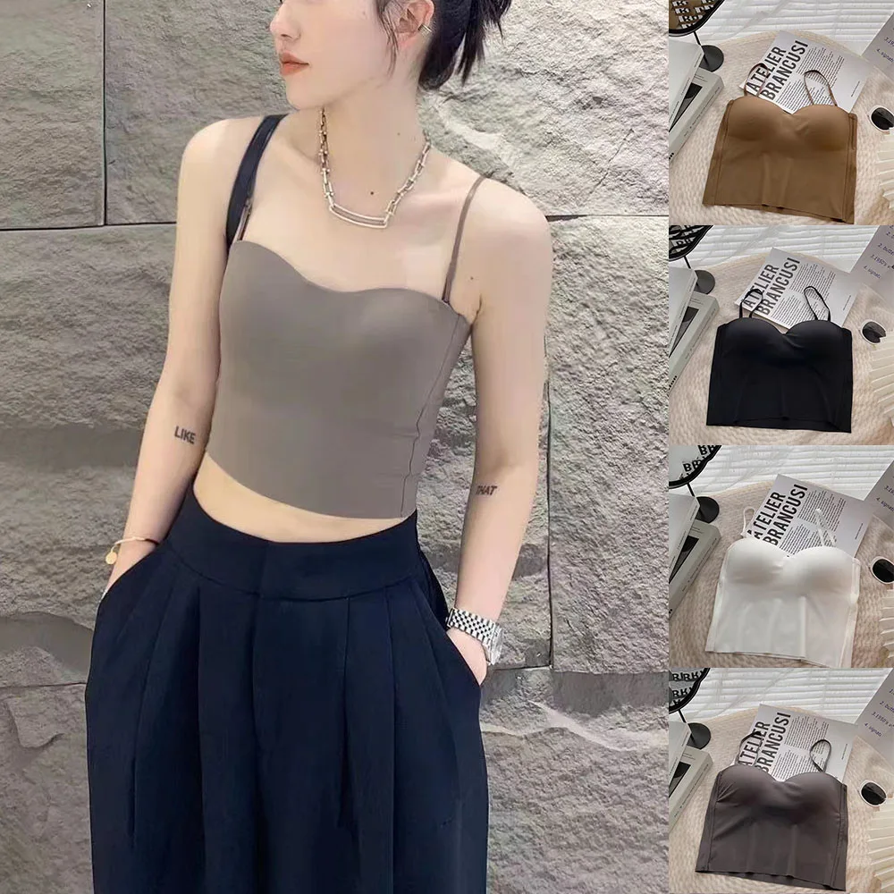 

All-match Camisole Tank Tops Sexy Back Padded Bra Thin Casual Vest Tops Sleeveless Cotton V Neck Bandage Backless Tank Top