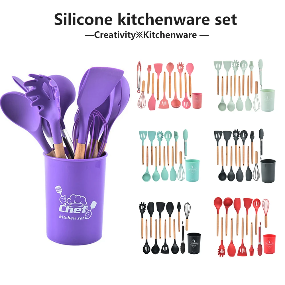 11Pcs Non-stick Silicone Kitchen Utensils Set Non-stick Cookware Spatula Shovel Egg Beaters Wooden Handle Kitchen Cooking Tool