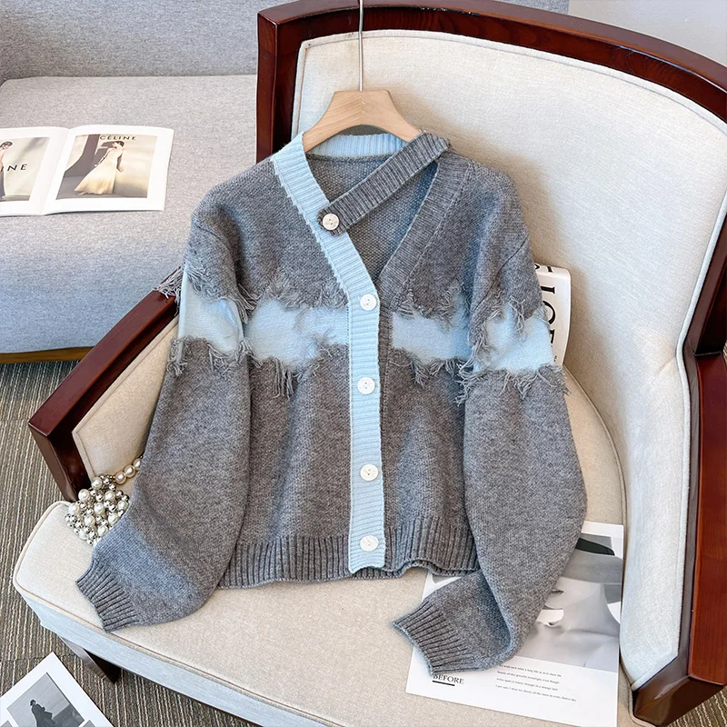 

Women's Tassel Spliced Long Sleeve Knitted Cardigan Spring Autumn New Chic Fashion Young Girl V-neck Thin Knitted Sweater