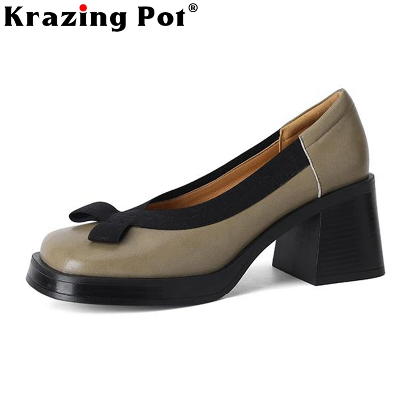 

Туфли Krazing Pot из натуральной кожи с круглым носком, на высоком каблуке, туфли-лодочки с бантом-бабочкой в простом британском стиле, без застеж...