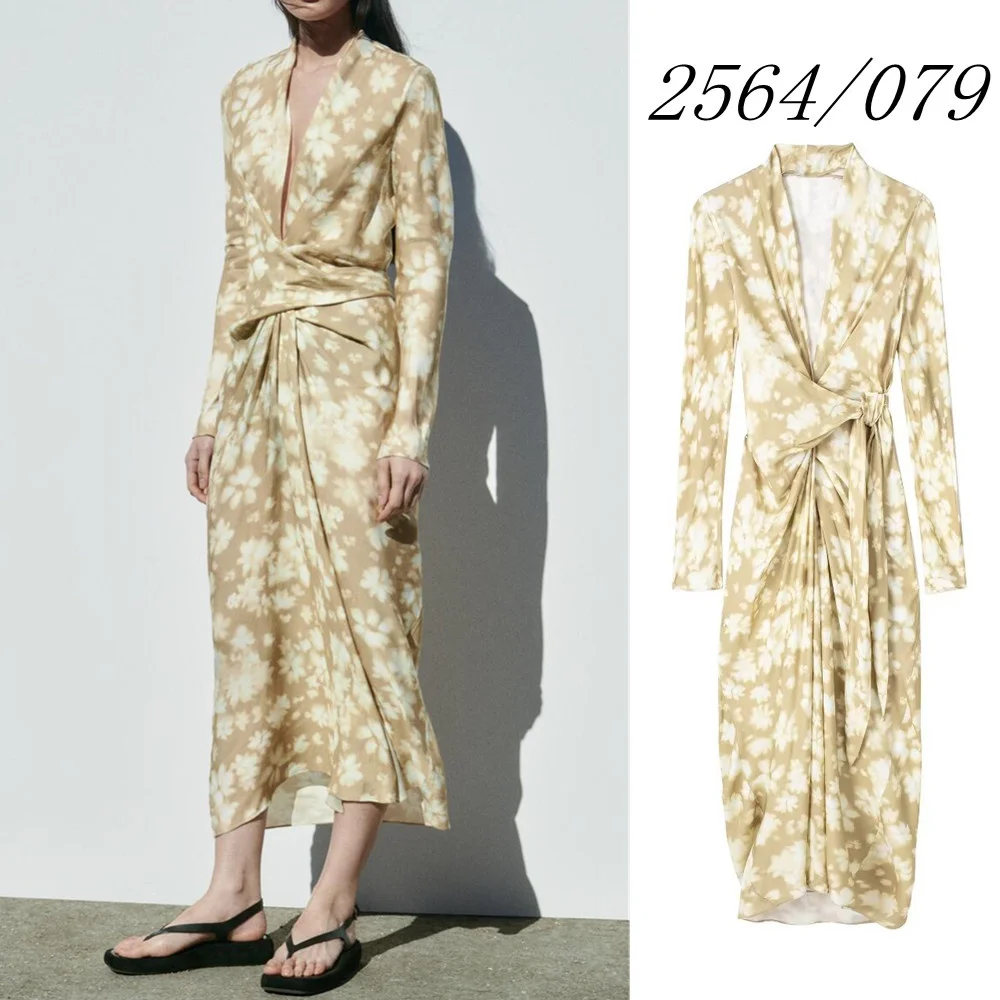 

Женское платье-миди с V-образным вырезом и длинным рукавом