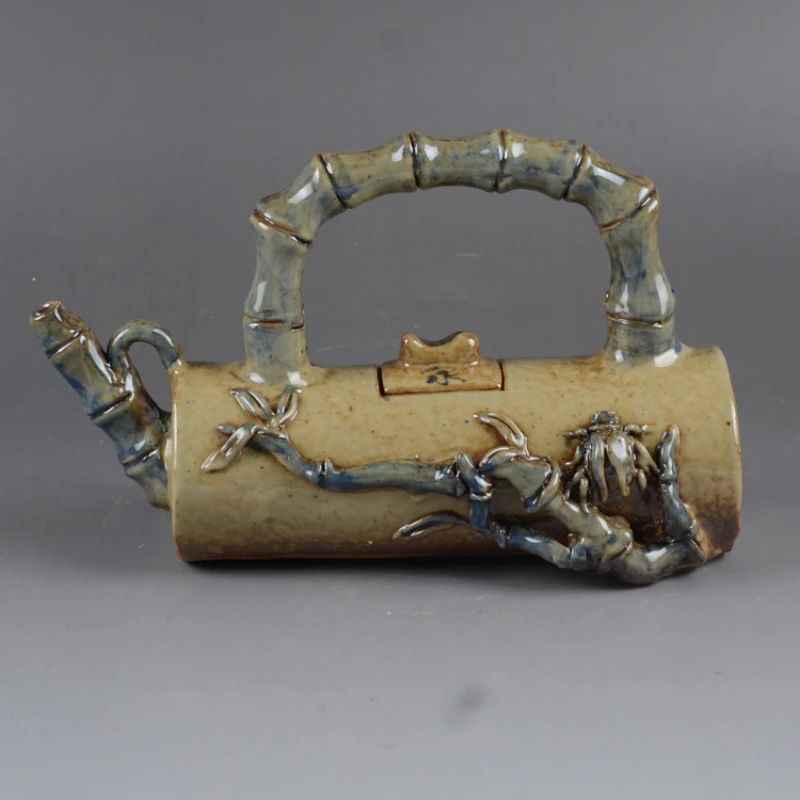 

Древние фарфоровые коллекционные товары Керамический ручная резьба бамбуковый заварочный чайник с петлей украшение для винного горшка