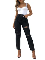 women fashion casual ripped jeans mid rise solid color straight pants streetwear trousers leisure pants
