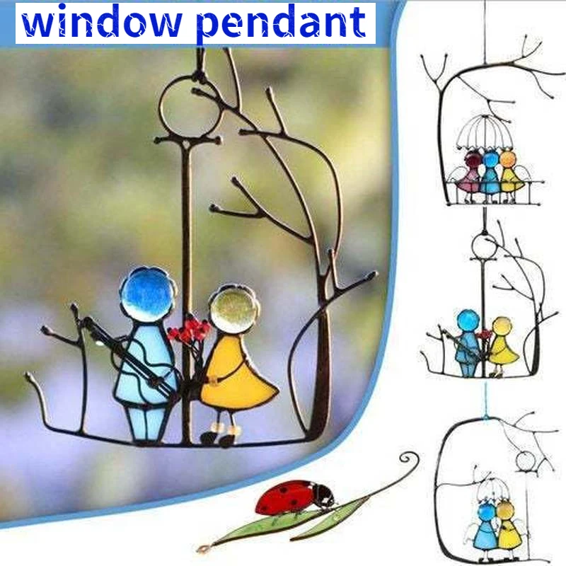 

Stained Glass Window Pendant SunCatcher Iron Art Window Hangings Art Hanging Pendant Wall Door Decorate for Home Room Decoration