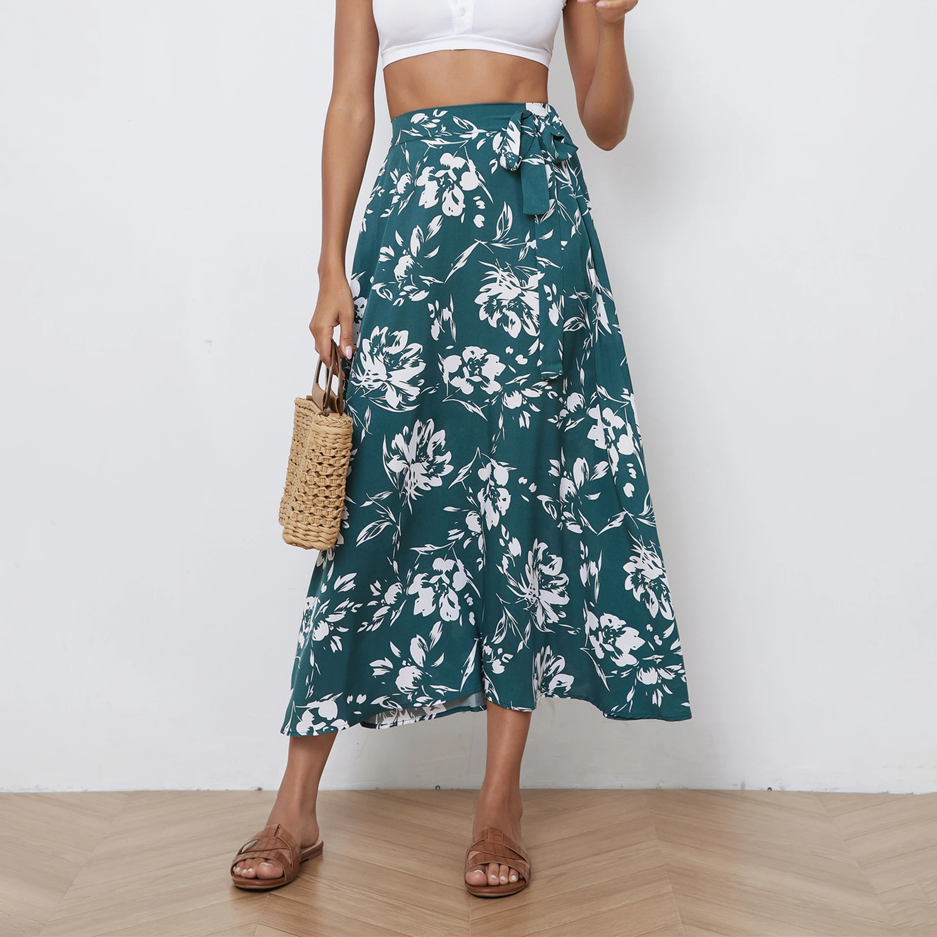 

Новая юбка средней длины в европейском и американском стиле, шифоновая юбка средней длины с цветочным принтом, свободная юбка