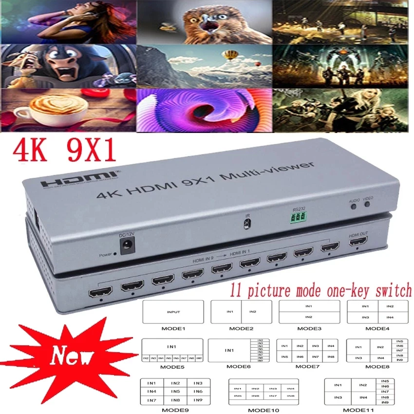 

4K HDMI 9x1 Quad Multi-viewer HDMI Multiviewer 9 Channel Input 1 Monitor Seamless Switch with IR Multi Screen Divider Converter