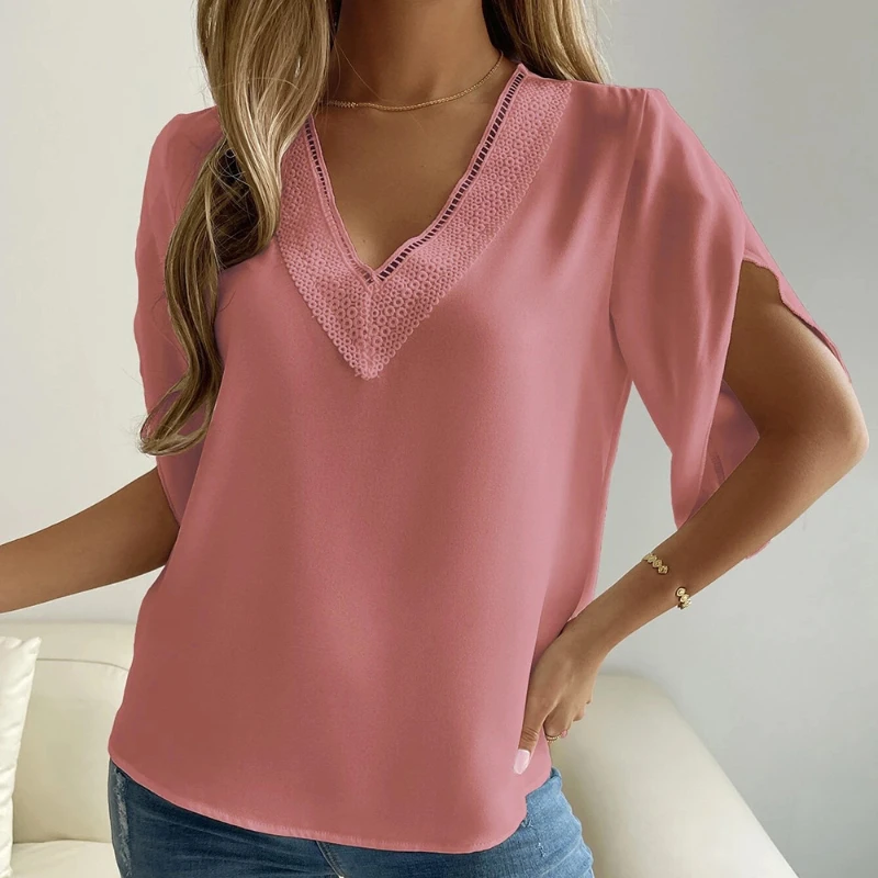 

Chiffon Blouse Women Petal Sleeve Vintage Shirt V-neck Lace Solid Womens Tops Summer Female Clothing Basic Elegant Ladies Tops