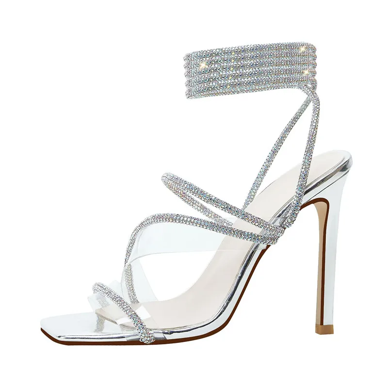 

Summer Fashion Women Ankle Cross Strap Slim High Heel Sandals Peep Toe Square Head Sexy Rhinestone Wedding Banquet Lady Sandals