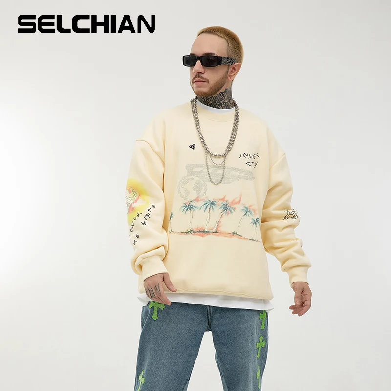 

Retro Trees Graffiti Japanese Fleece Autumn Hoodies Men and Women Round Neck Harajuku High Street Oversized Sweatshirts