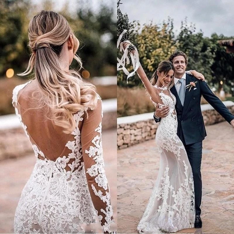 

New Sheer Long Sleeves Lace Mermaid Wedding Dresses Tulle Applique Backless Sweep Train Arabic Bohemia Wedding Bridal Gowns