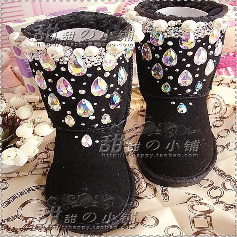 

Handmade custom fur one pearl necklace leather warm snow boots rhinestone full diamond gem snow boots 35-44