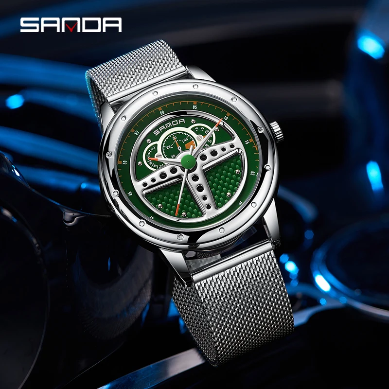 

SANDA P1110 Sports Wrist Watch Car Steering Wheel 3D Model Waterproof Stainless Steel Mesh Band Quartz Watches Relogio Masculino