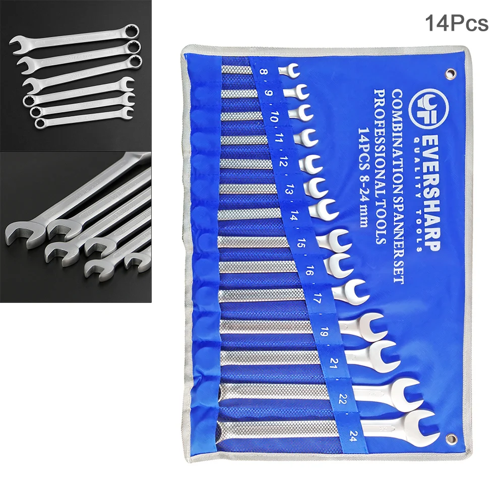 Combination wrench 14pcs 8mm-24mm Combination Spanner Set Professional Ratchet Wrench Tool Cloth Bag for Home /Construction Site