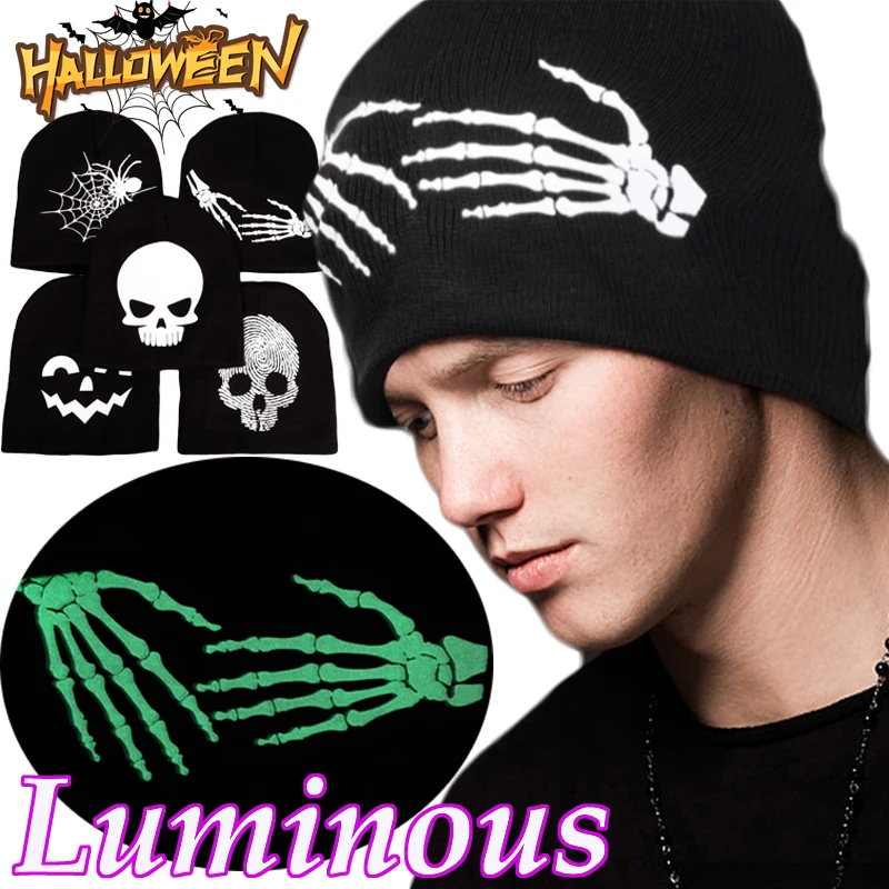 

Knitting Caps Men Women Halloween Gothic Luminous Skeleton Spider Web Skullies Beanies Y2k Warm Fashion Hundred Take Beanie Hat