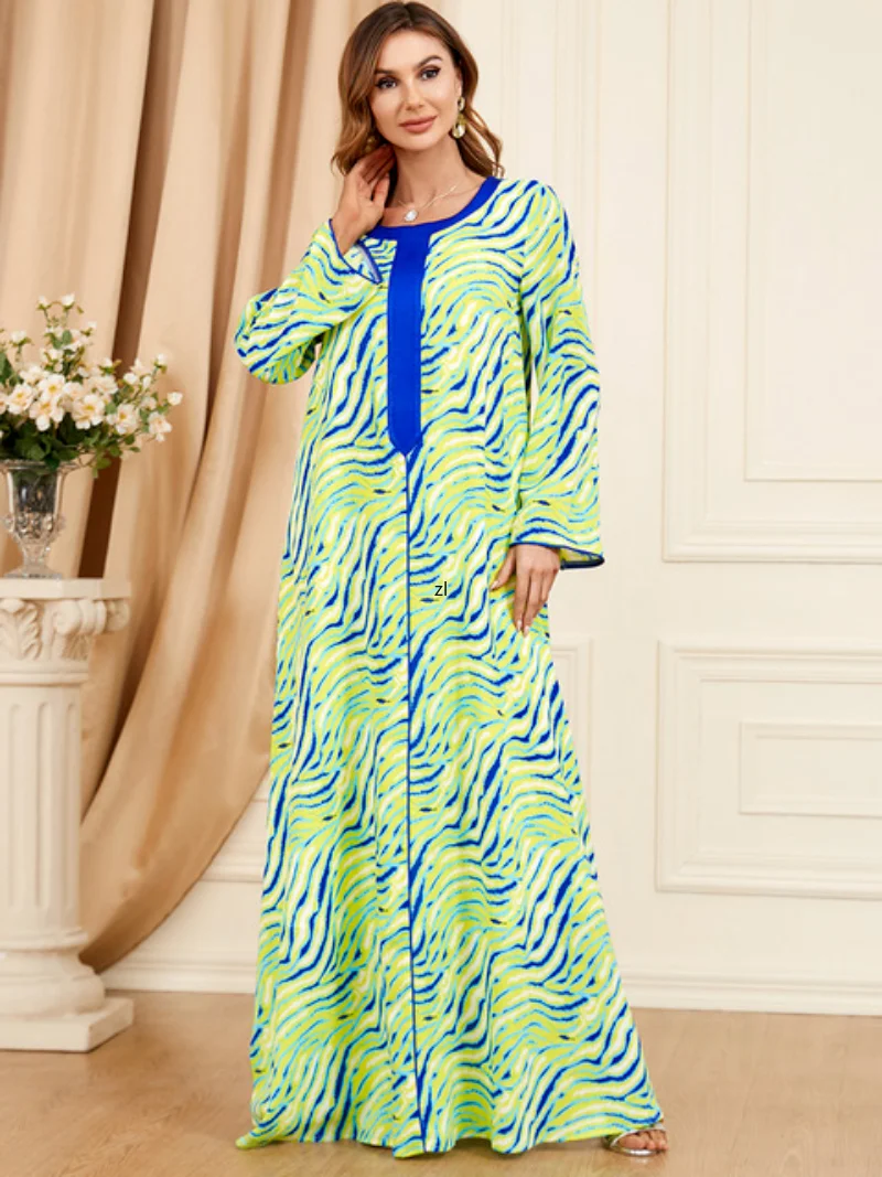 Elegant Casual Leopard Print Muslim Long Dress for Women Ramadan Eid 2023 Moroccan Jalabiya Dubai Caftan Green Long Sleeve Abaya
