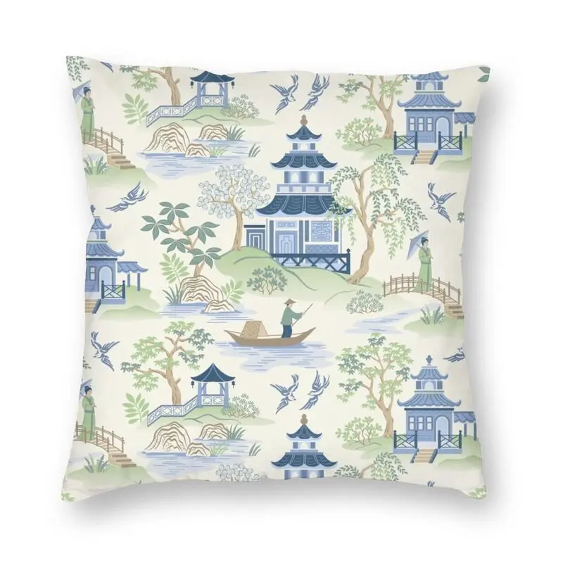 

Vintage Chinoiserie Willow Pagoda Pillow Cover Home Decor Two Side Oriental Style Landscape Cushion Cover for Living Room