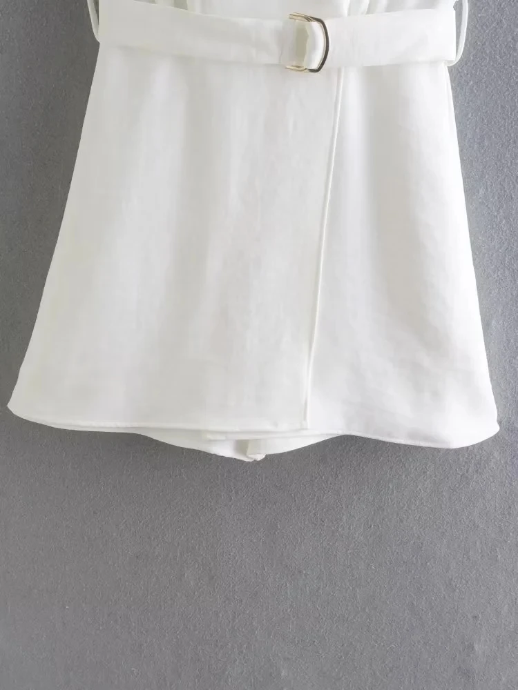 Withered 2023 England Style Office Lady Fashion Sashes Sleeveless Notched Casual Pure White Playsuits Women