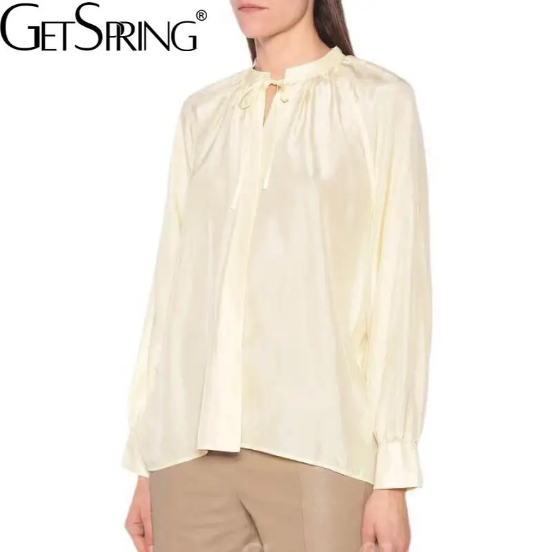 

Getspring Women Shirt Long Sleeve Solid Color Vintage Blouse Tops Bandage Casual Loose Shirt Blouse Autumn Women's Clothing 2022
