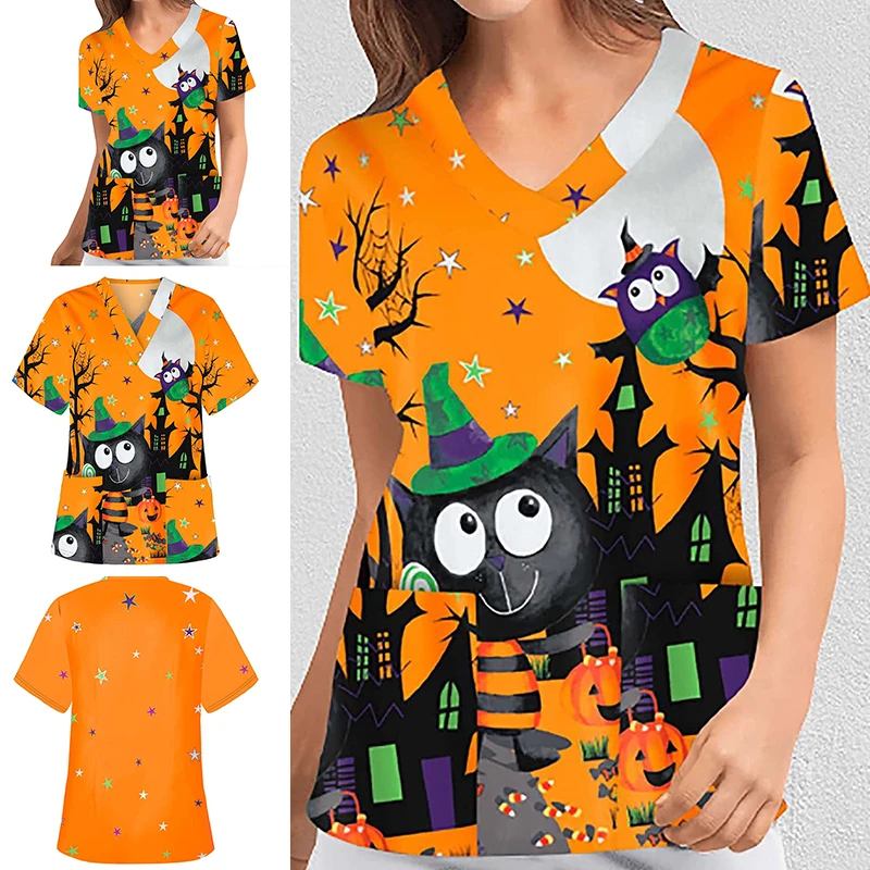 

S-3XL 15Colors Halloween V-neck Short Sleeved Nursing Uniform Unisex Hotel Hospital Doctor Operating Scrub T-shirt