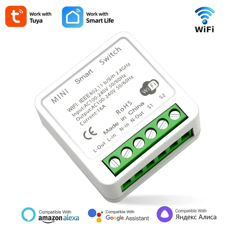 16A Mini Wifi Smart Switch Smart Home DIY Light Switches Module 2-way Control, Work With Tuya Smart Life Alexa Alice Google Home