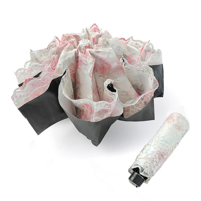 

Double Layer Lace embroidery Umbrella Rain Women Three Folding Arched Princess Sunny Umbrellas Female Parasol Gift Parasol