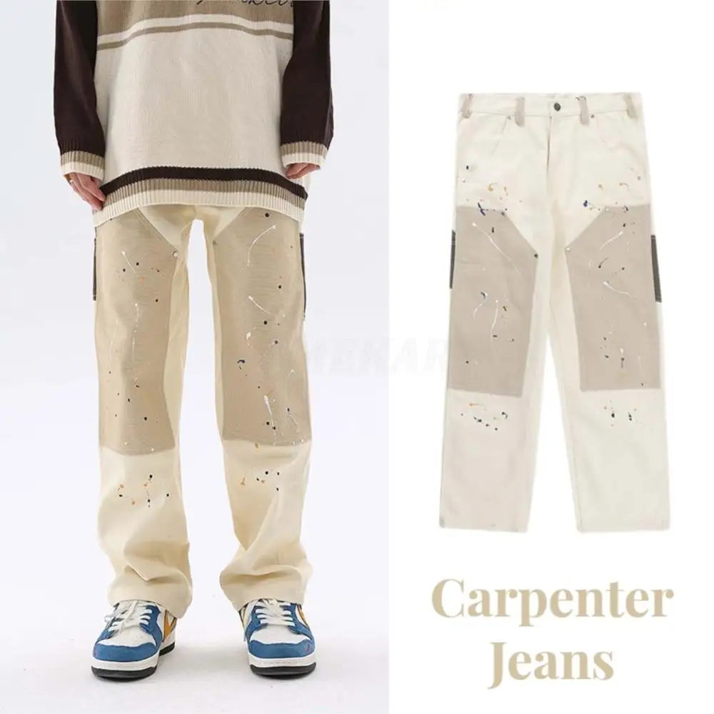 

Hip Hop Khaki Carpenter Jeans Overalls Ink Splashing Rice White Multi-color Stitching Stiff Straight Canvas Retro Cargo Pants