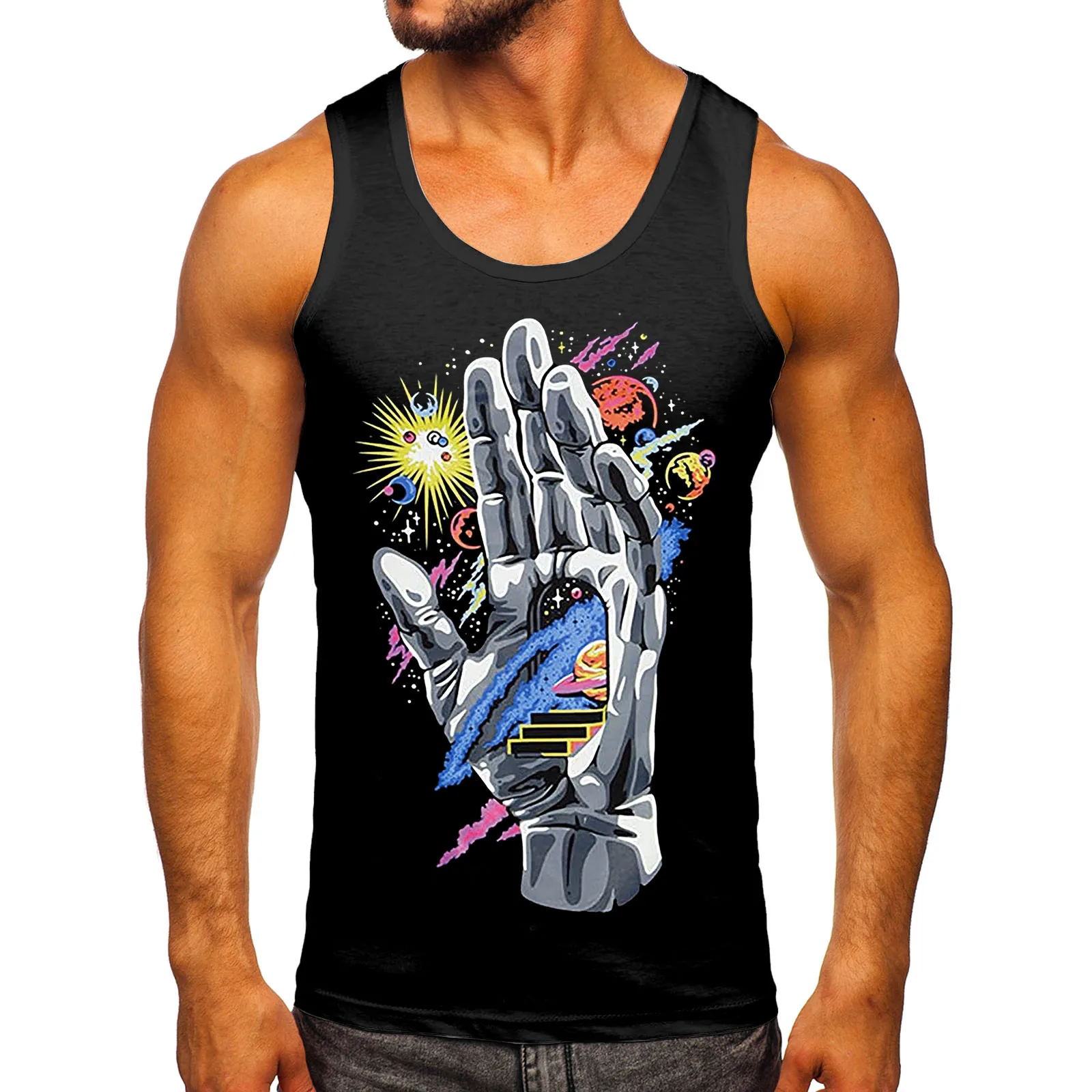 

Рубашка мужская с принтом, Повседневная Блузка без рукавов, с круглым вырезом, из спандекса, весна-лето